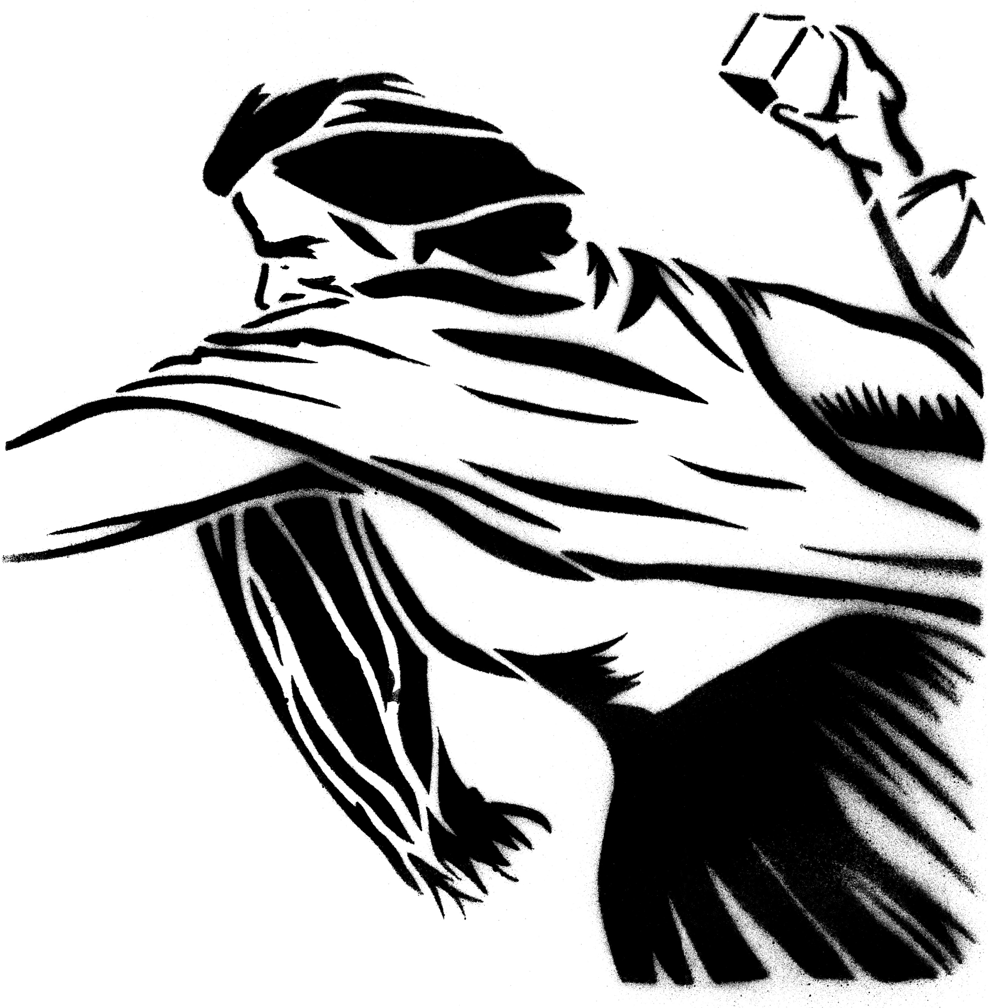 Stencil of a woman posed to throw a brick.