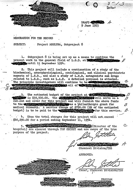 CIA document approving use of LSD through MKULTRA project with redactions