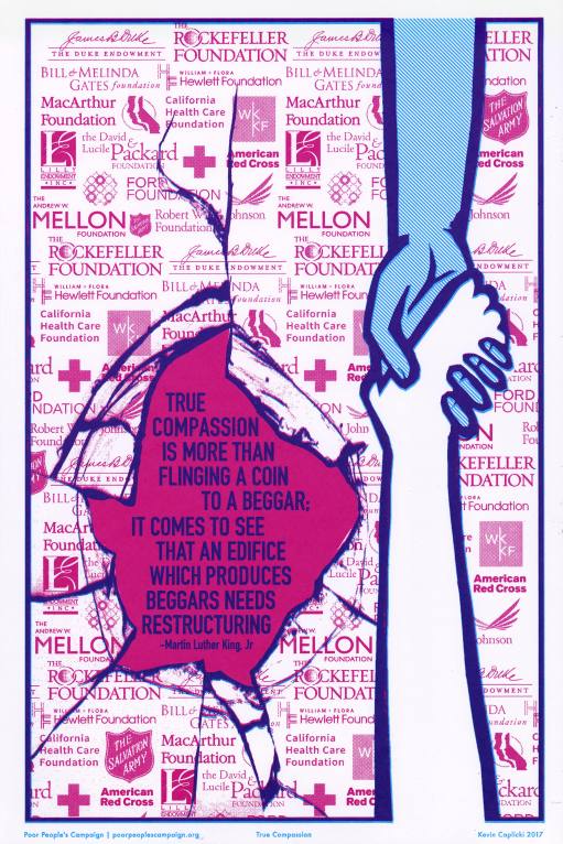 a blue arm and a white arm hold hands across a paper background with foundation and charity names. the paper is torn to reveal the words "True Compassion is more than flinging a coin to a beggar; it comes to see that an edifice which produces beggars needs restructuring." - Martin Luther King, Jr