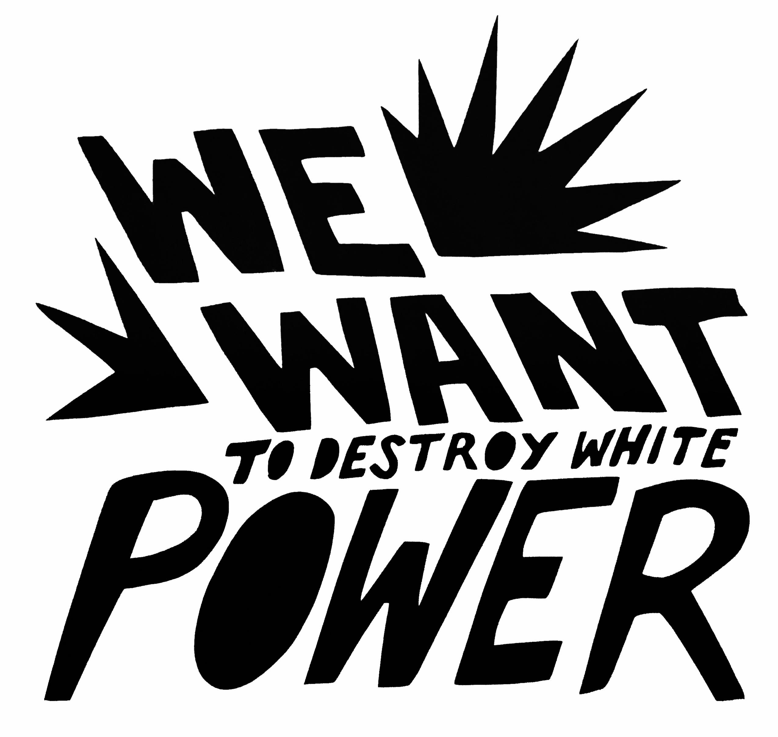 Black and white text that reads We Want to Destroy White Power