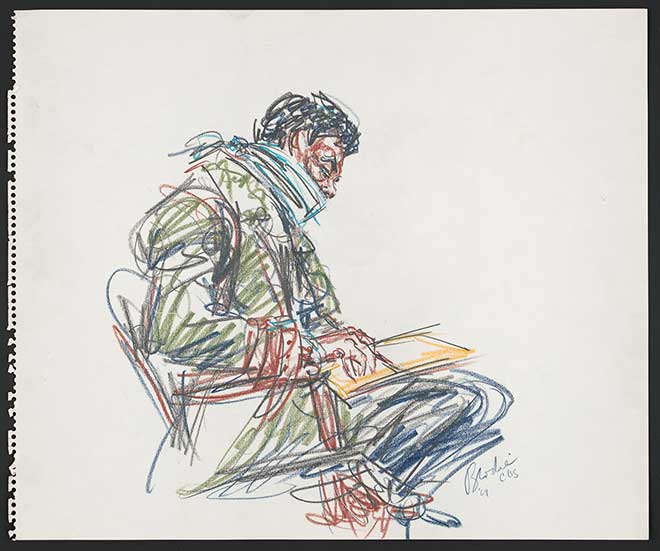 Color drawing of Bobby Seale, bound and gagged in a seat, pen and paper in hand.